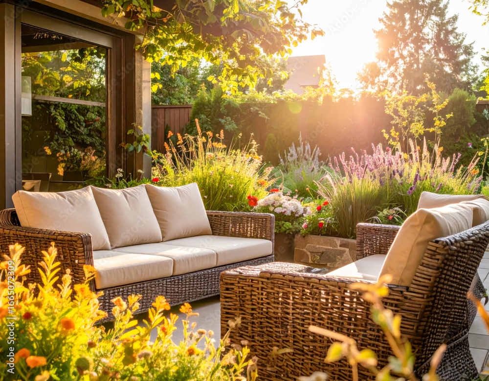 custom made wallpaper toronto digitalCozy outdoor seating arrangement surrounded by vibrant flowers in a sunny backyard garden