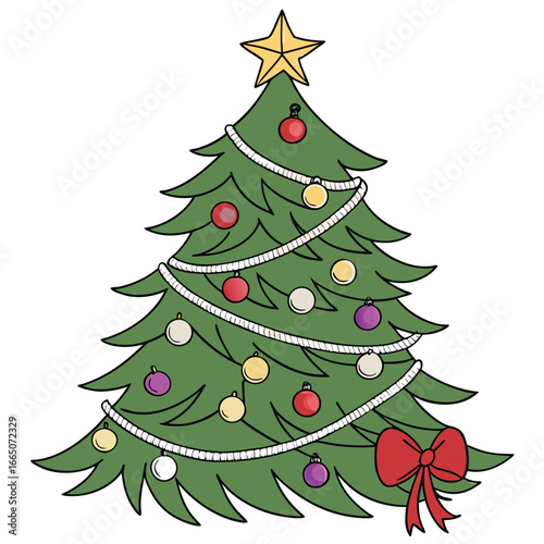 A green Christmas tree decorated with a gold star red baubles white garland and a red bow holiday decoration