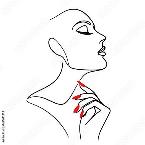 Woman with glossy red nails posing gracefully in minimalist line art  