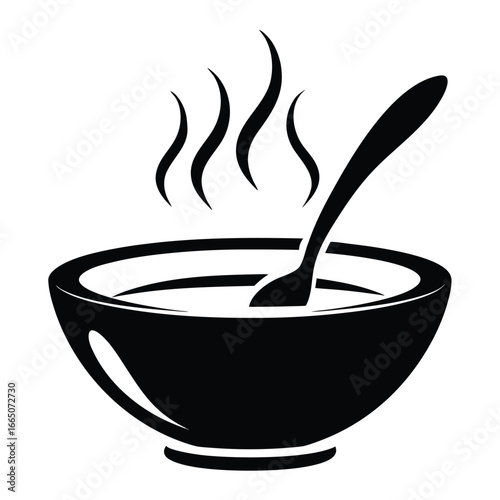 Black silhouette of a steaming bowl of soup with a spoon on a white background vector 3