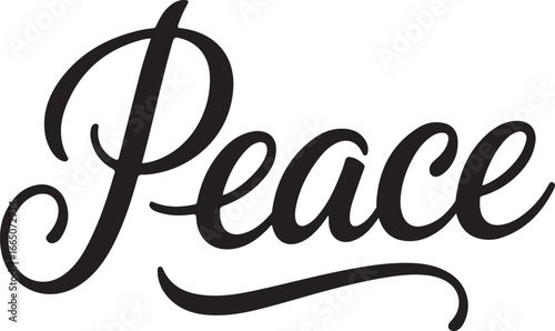 Peace word in an elegant black script font with a flourish on a white background tranquility calm