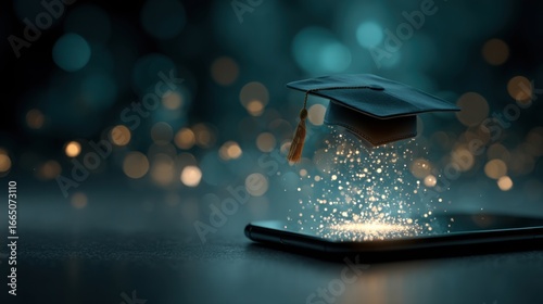 Innovative e-learning concept with graduation cap and smartphone interaction
