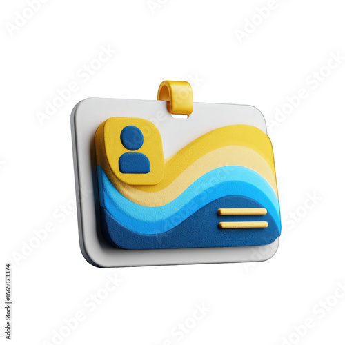 3D stylized identification card.  A stylized, 3D  id card,  light beige/cream background, with a light-yellow lanyard. 