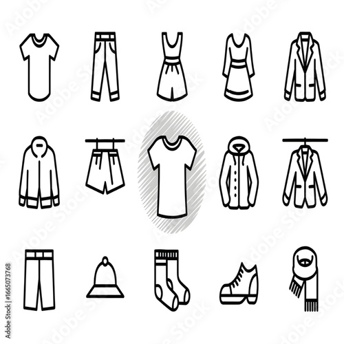 Minimalist Clothing and Apparel Icons – Shirt, Pants, Dress, Shorts, Socks, Fashion Symbols