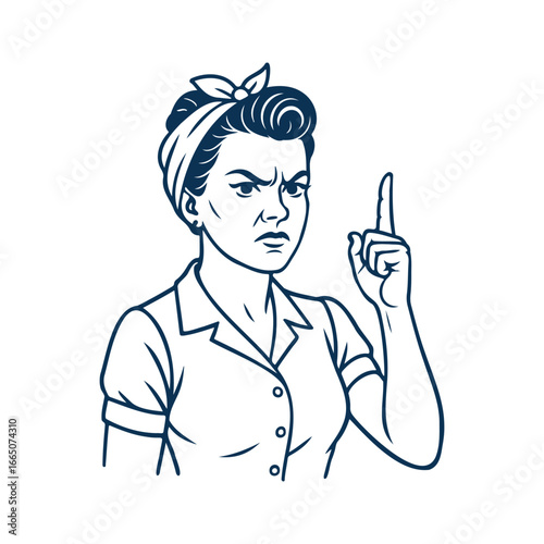 A vintage 1950 Woman is pointing her finger up with Angry face and has a bandana in her hair. Thick Vector Stroke Illustration