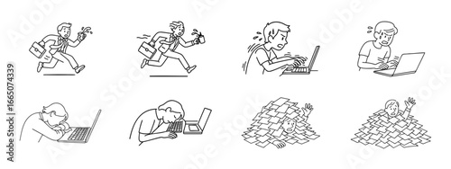 doodle style icon set for overwhelmed by work , physical strain , struggles , work life , frustration.eps
