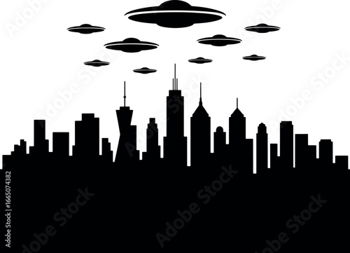 Black and white silhouette of cityscape with alien spaceships invasion mystery sci fi adventure concept illustration graphic element