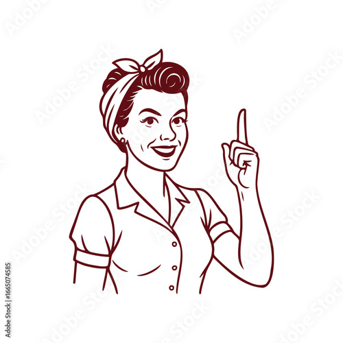 A vintage 1950 Woman is pointing her finger up with smile face and has a bandana in her hair. Thick Vector Stroke Illustration