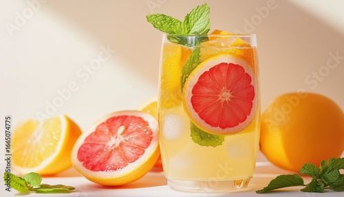 Healthy Citrus Infused Summer Lemonade With Grapefruit, Lemon, And Orange Slices, Topped With Fresh Mint. Revitalizing Cold Beverage.
