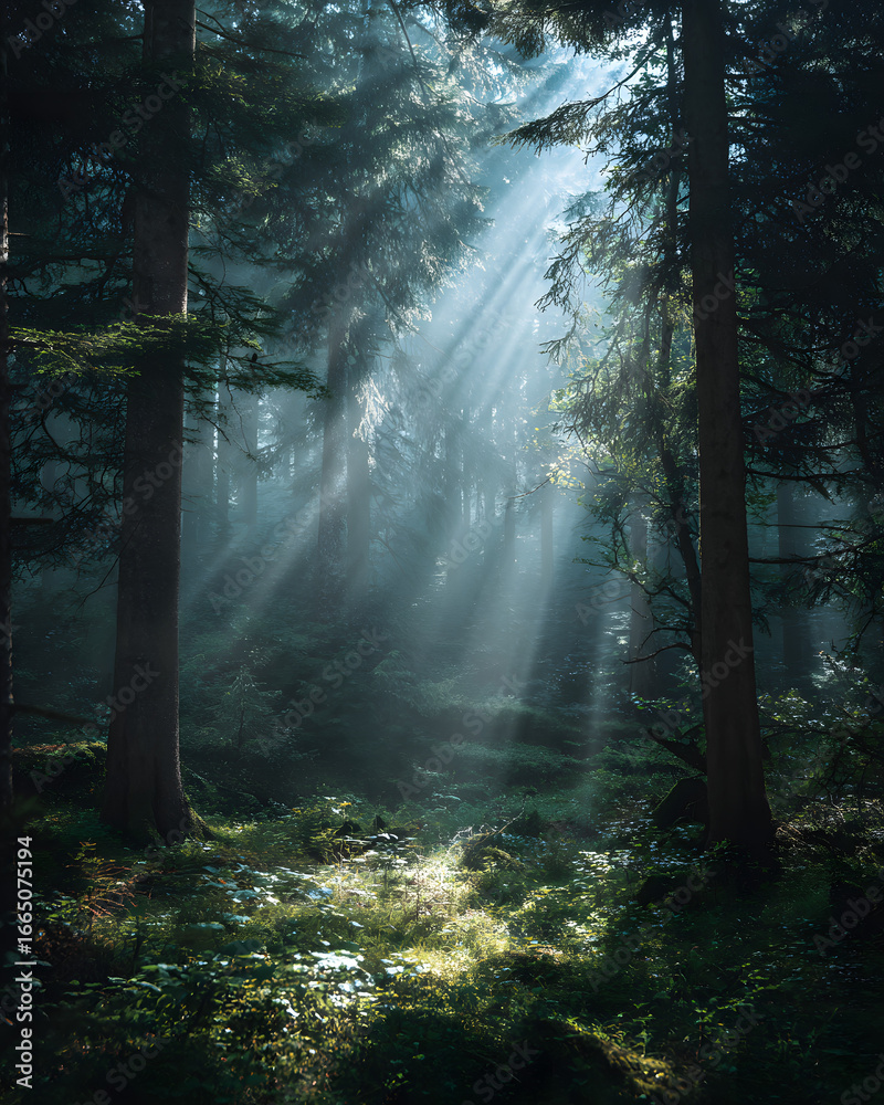 Obraz premium Ethereal Sunlight Filtering Through Dense Forest Trees