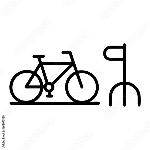 Bicycle parked next to bike rack in minimalist line art style  