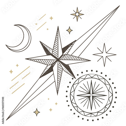 Celestial graphic illustration with crescent moon starbursts and compass rose vector