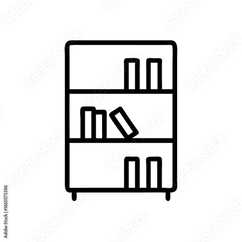 Minimalist bookshelf with stacked books in black outline design  
