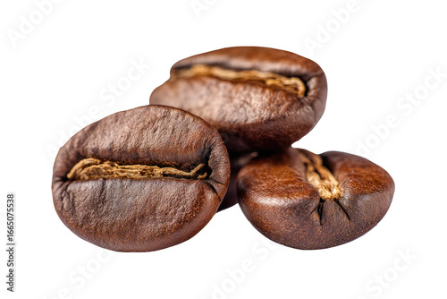 Close-up of three coffee beans.  Dark, roasted coffee beans stacked,  showing texture and detail