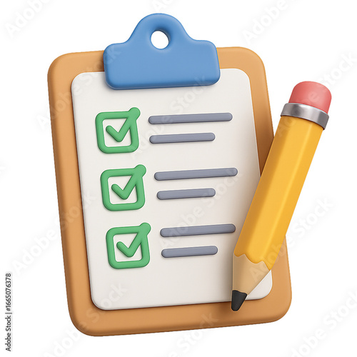 Checklist icons 3d set. Clipboard checklist or document collection. Checkmark, pencil, task management todo checklist. education or medical assignment exam Vector illustration