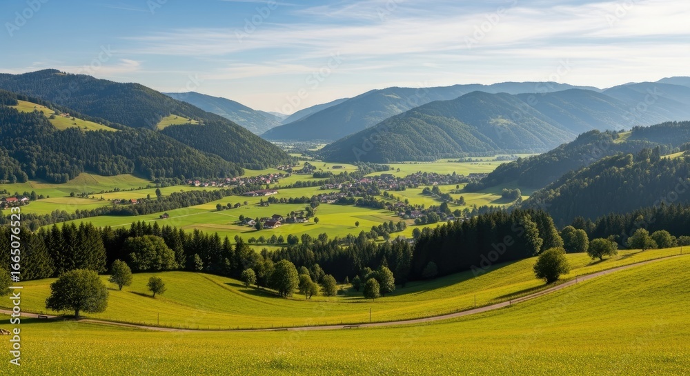 Obraz premium Serene Valley Landscape with Green Hills in Austria