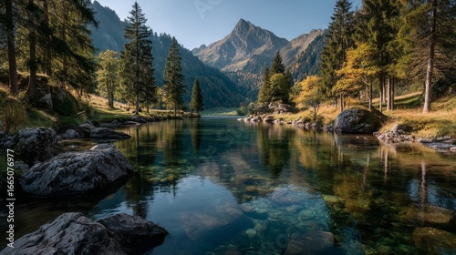 Majestic mountain range reflected in a clear, calm lake surrounded by a lush green forest under a blue sky