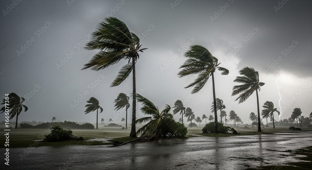 Fototapeta premium Hurricane Weather with Lightning Striking Palm Trees