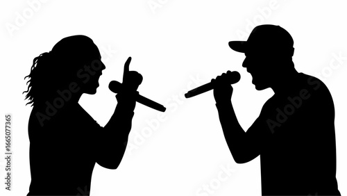 Two silhouetted figures rapping into microphones facing each other in a musical performance setting scene | editable eps vectors