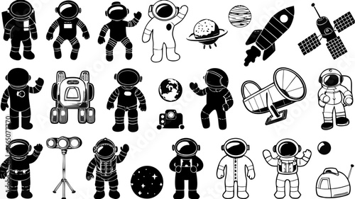 Illustration of various space exploration elements including astronauts planets and spacecraft in black and white | editable eps vectors silhouette