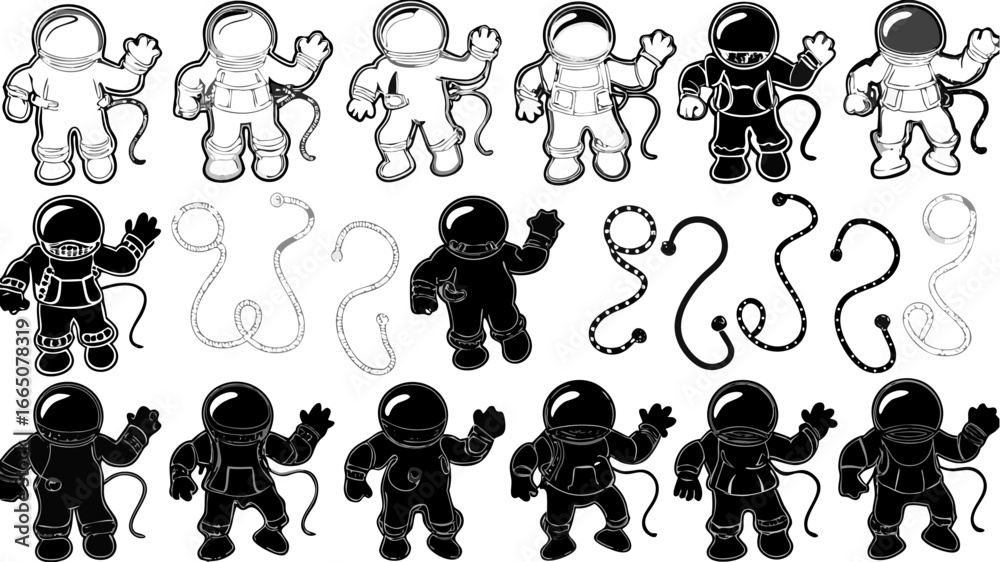 Obraz premium Illustrations of astronauts in varying styles and outlines with rope like objects on a white background | editable eps vectors silhouette