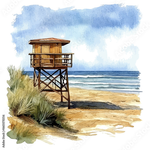 Lifeguard Tower Beach View, watercolor clipart vector, isolated on a white background.