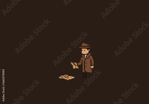 Pixel art detective finds clue near footprints on a brown surface. Use icon