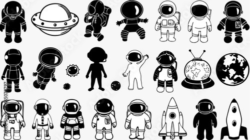 Illustration featuring various cartoon astronauts, spaceships, planets, and a flying saucer in black and white | editable eps vectors silhouette