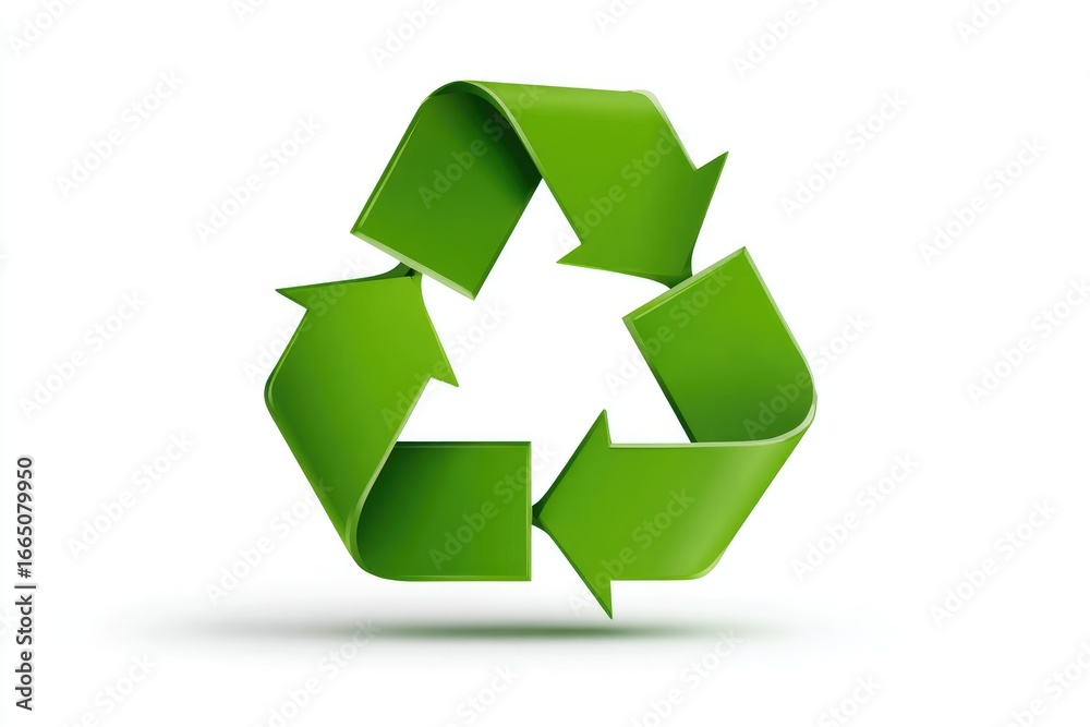 Obraz premium A vibrant, three-arrowed green recycling symbol rendered in a glossy, 3D style against a stark white backdrop, casting a subtle shadow