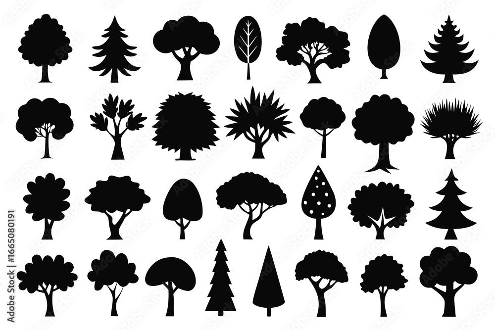 Obraz premium Diverse Collection of Tree Silhouettes Deciduous, Evergreen, and Ornamental Trees in Black Format