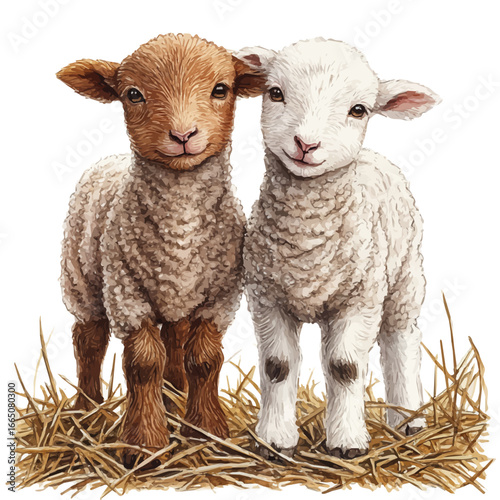 Lambs In Field, watercolor drawing vector, isolated on a white background.