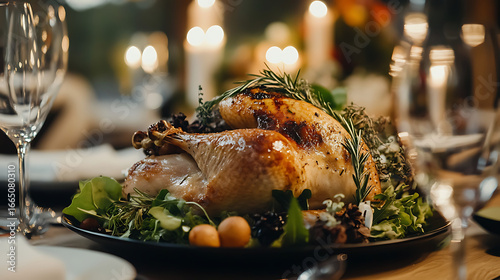 A roasted turkey garnished with herbs on a table set with wine glasses and candles for a celebration