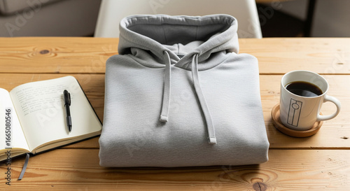 A grey hoodie mockup folded on a wooden table with a notebook and coffee.