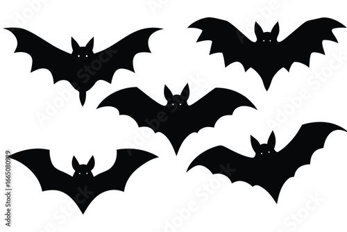 Five Black Bat Silhouettes Isolated on White Background, Halloween Decorations Theme