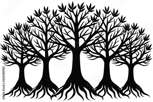 Five Silhouetted Trees with Exposed Roots and Sparse Foliage on White Background