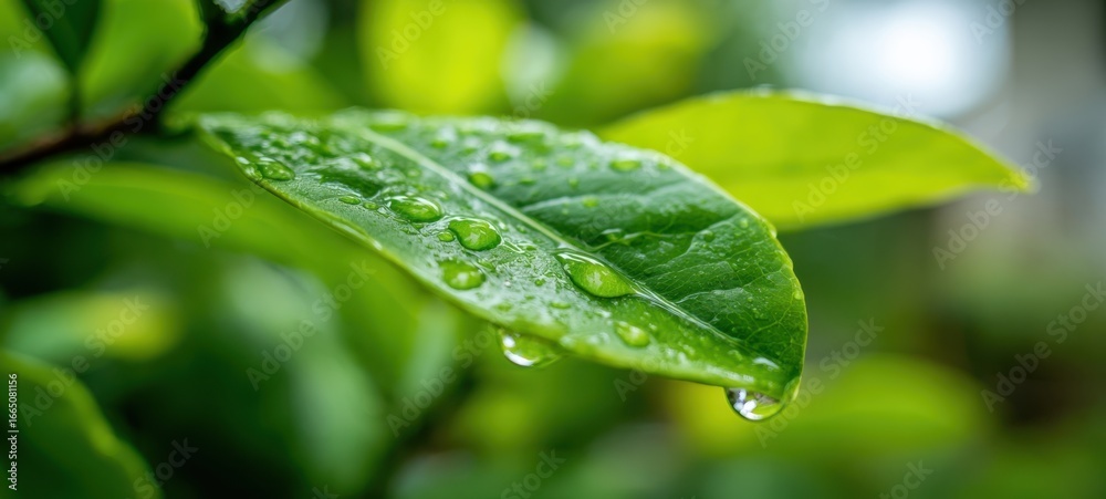Fototapeta premium The leaf with glistening water droplets capturing morning dew in vibrant green closeup