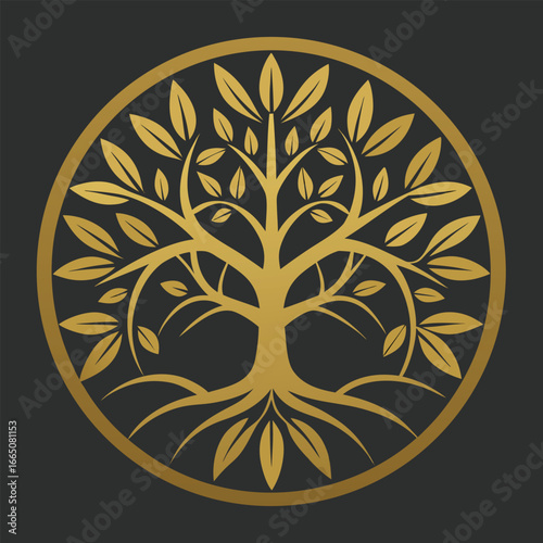 Golden Tree of Life Symbol with Roots and Leaves in a Circle Frame
