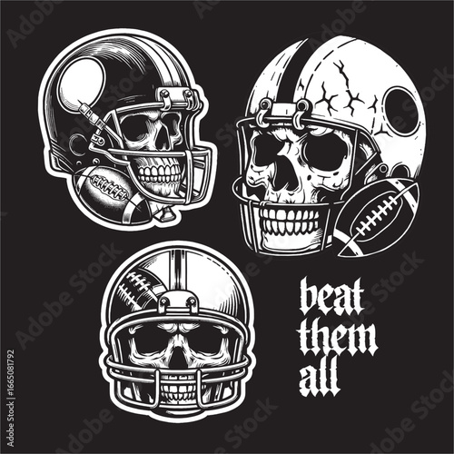 A vector Illustration of skull head wear football helmet black white drawing