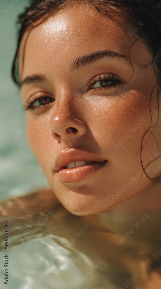 Naklejka premium beautiful Hispanic woman's face floating in clear ocean water, showcasing stunning, clean, and clear skin. Background is a simple and minimalist