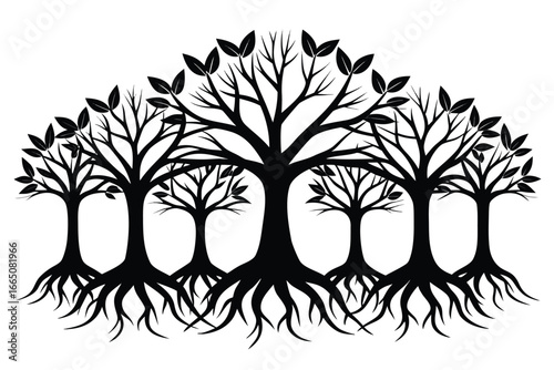 Silhouette Illustration of Trees with Bare Branches and Roots on White Background