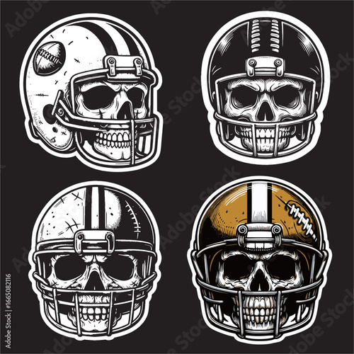 A vector Illustration of skull head wear football helmet black white drawing