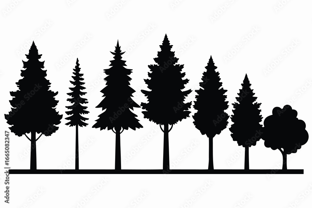 Obraz premium Silhouette of Pine Trees and Deciduous Tree Against White Background, Nature Illustration