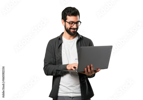 Man with beard and glasses using laptop isolated on transparent background
