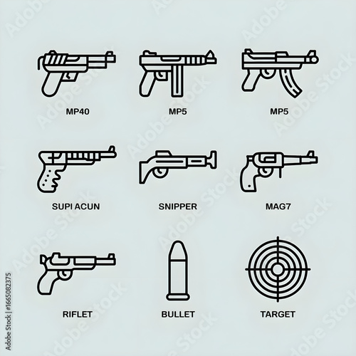 Modern Weapons and Guns Line Art
