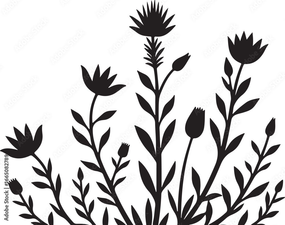 Naklejka premium Wildflower Meadow Silhouette Border Bundle