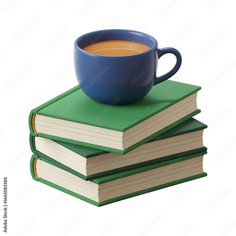 Naklejka premium A cup of coffee rests on a stack of green books. Cozy reading, study break.