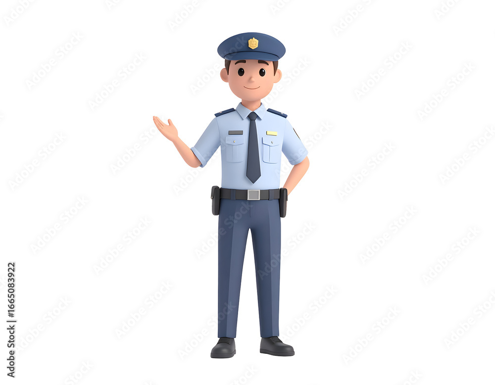 A helpful animated police officer character stands with a welcoming gesture, ready to provide assistance. A helpful animated police officer character stands with a welcoming gesture, ready to provide assistance.