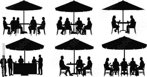 Outdoor café silhouettes with people dining, talking, ordering under large patio umbrellas in social scenes, vector illustration for commercial use