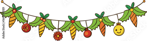 Vector art of a festive christmas garland with holly leaves, berries, pinecones, ornaments, and a smiley face, isolated on a
