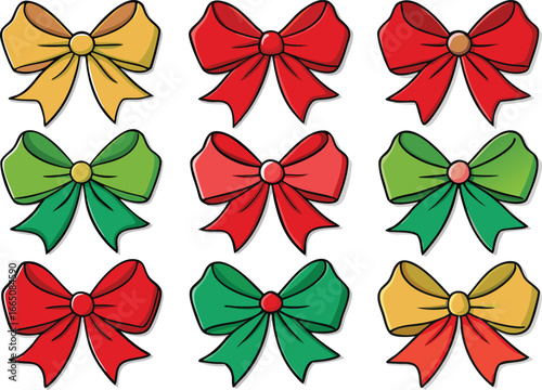 Vector art of nine colorful decorative bows made of ribbon, in various shades of yellow, red, orange, and green